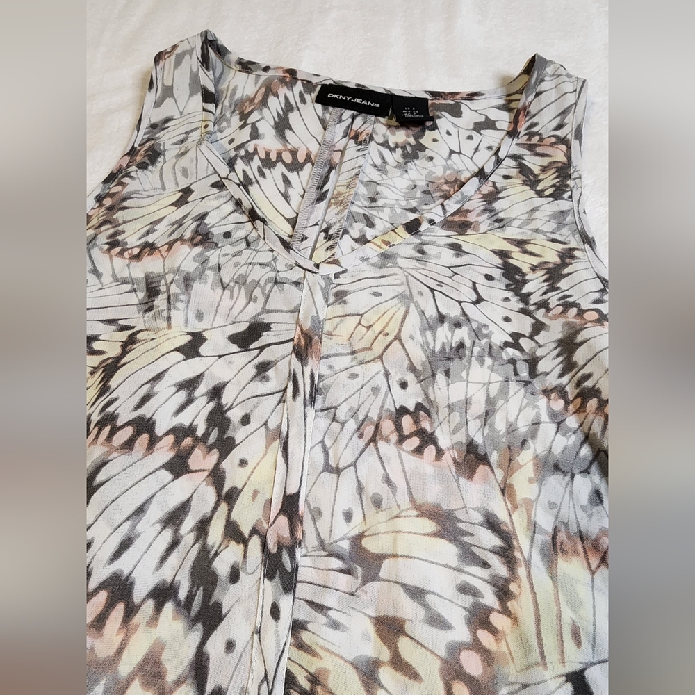 DKNY Jeans Butterfly‎ Wing Print Sheer Overlay Top, EUC, Size Small